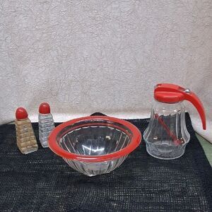 Vintage Hazel Atlas bowl, Anchor Hocking salt & pepper, & Federal syrup pitcher